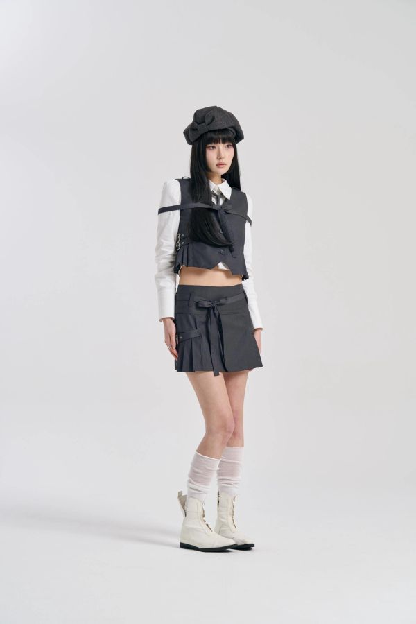 [SIGNATURE] PLEATS BELT SKIRT CHARCOAL