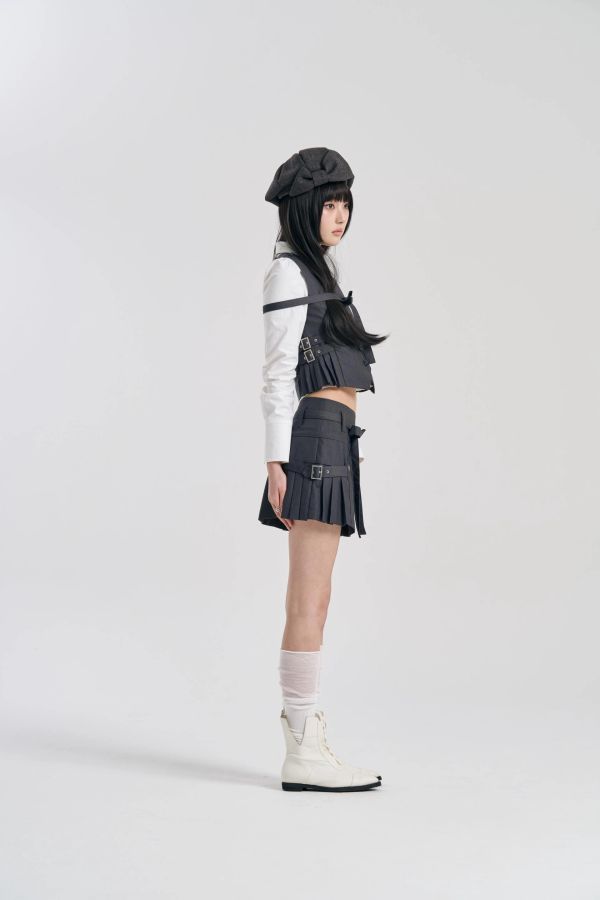 [SIGNATURE] PLEATS BELT SKIRT CHARCOAL