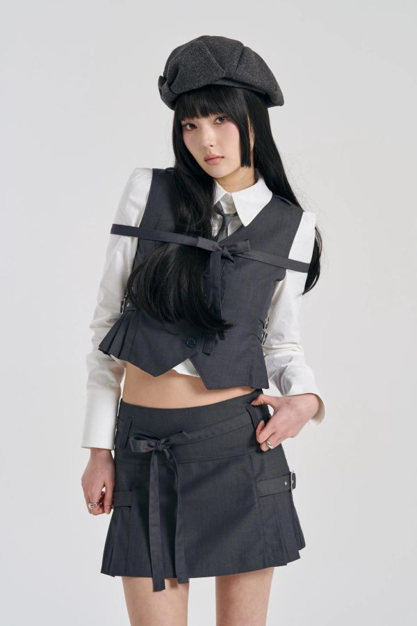 [SIGNATURE] PLEATS BELT SKIRT CHARCOAL