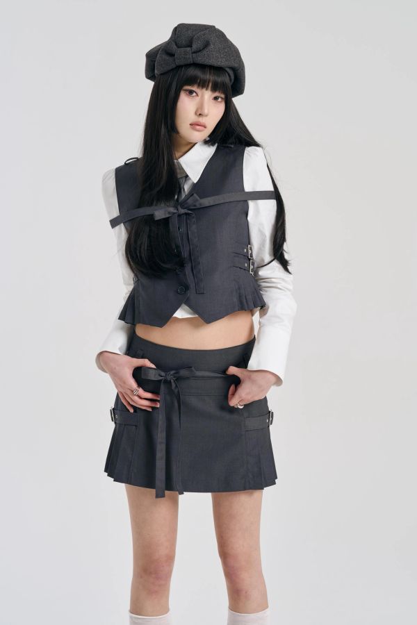 [SIGNATURE] PLEATS BELT SKIRT CHARCOAL