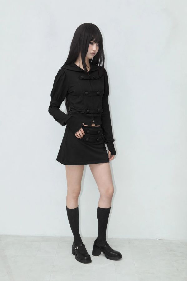 PUFF DOUBLE-BUTTON HOODIE ZIP-UP BLACK